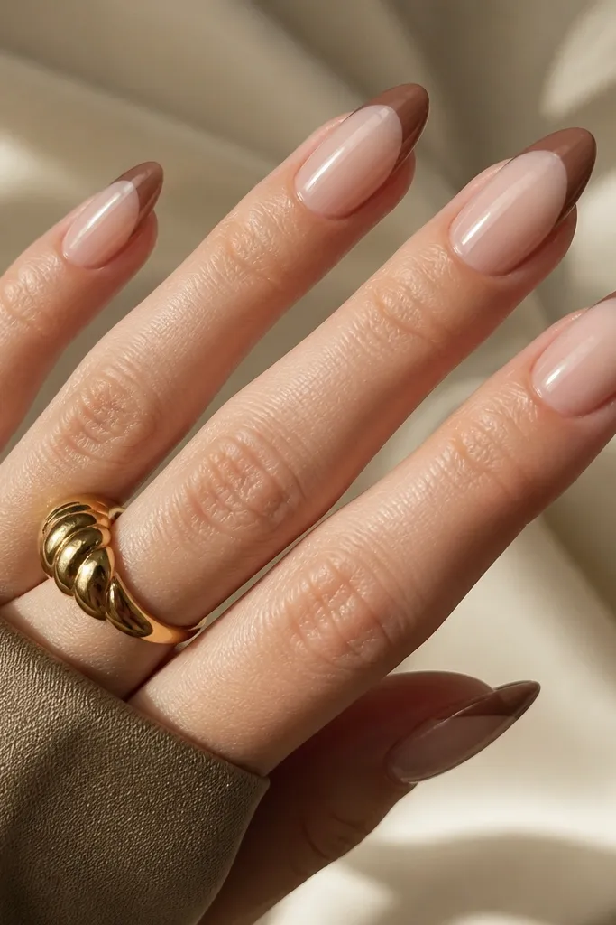 Almond nails with a sheer nude base and mushroom-brown French tips. The brown has a subtle pearl sheen, glossy top coat.