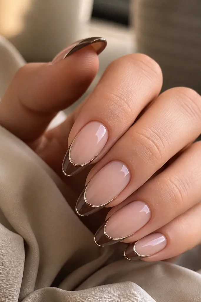 Almond nails with nude base. Brown French tips are outlined with a thin micro-silver line along the very edge, glossy finish.