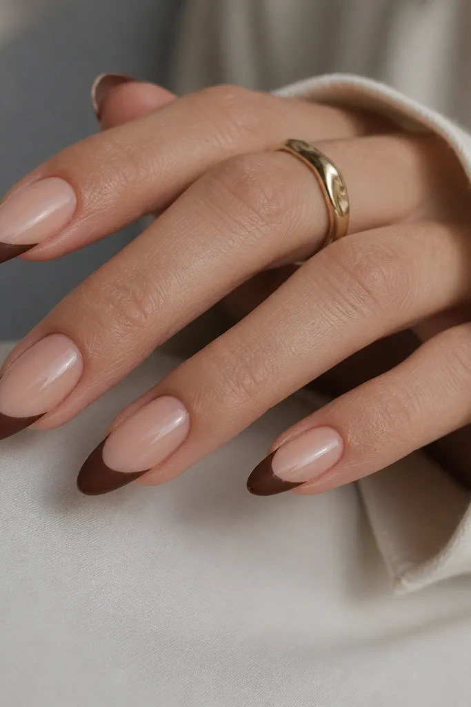 Almond nails with a sheer nude base. The French tip is matte chocolate except for a thin glossy strip along the very tip edge.