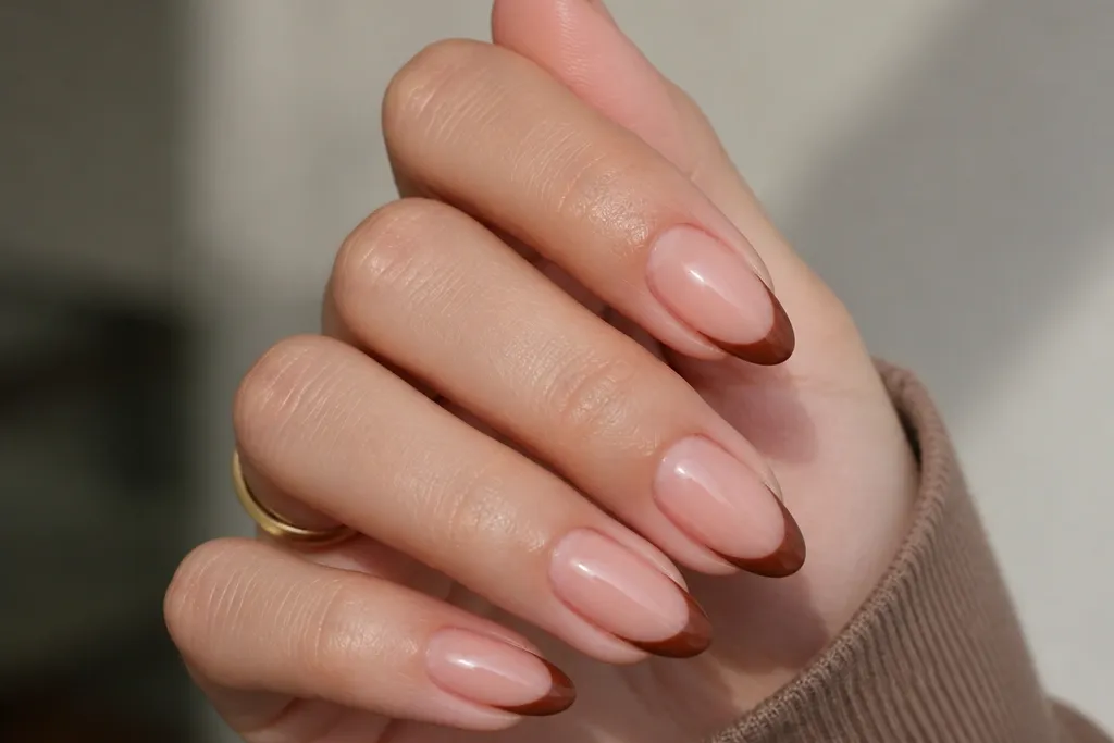 Low maintenance brown french tip nails almond