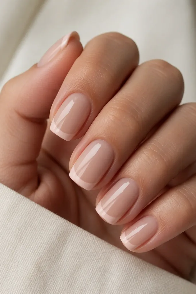 Short squoval nude acrylic nails with a thin pink-beige French tip. The very top edge looks clean and straight, and the nude base has a soft glossy shine.