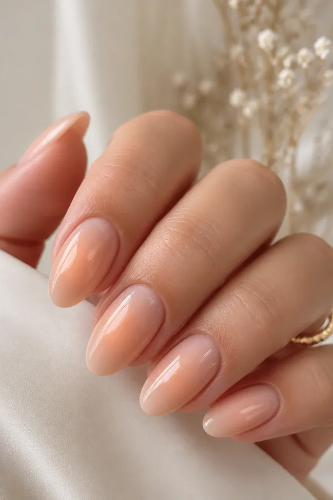 Medium almond nude acrylic nails with a soft peach glow in the center. There's no hard outline, just a gentle brighter patch around the middle with glossy finish.