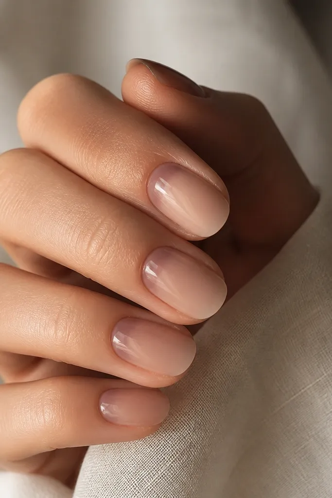 Neutral taupe-beige nude nails with a soft translucent veil concentrated at the cuticle. The rest of the nail bed is sheer and glossy.