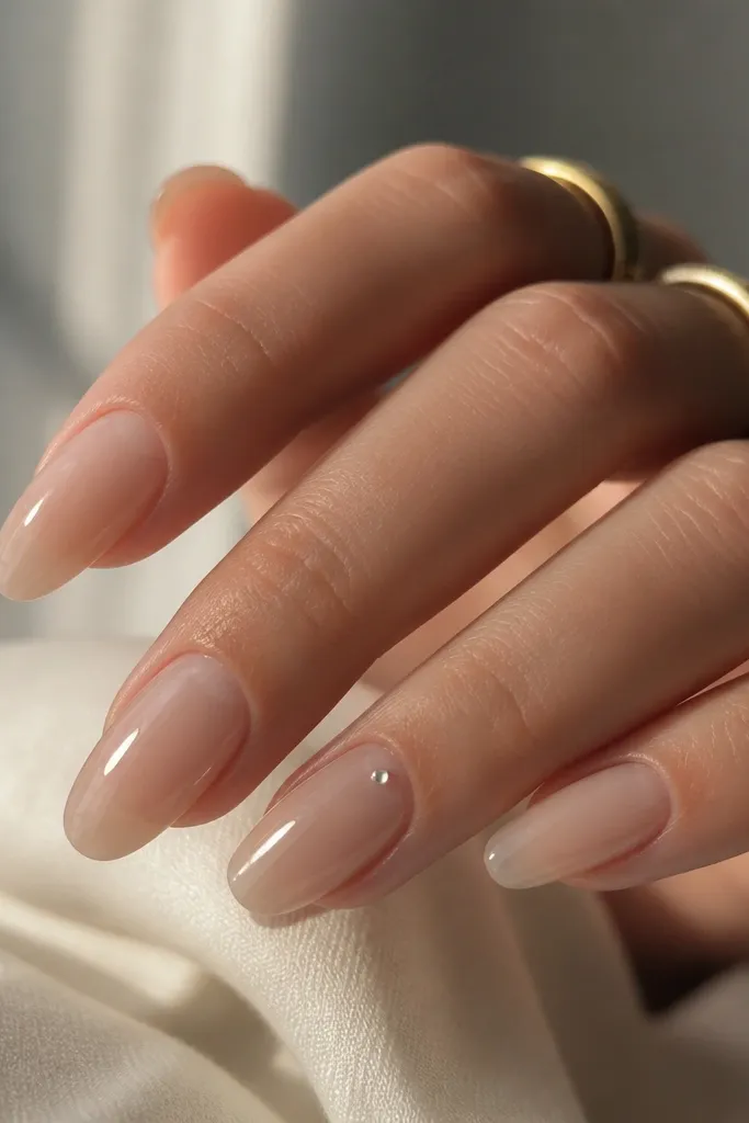 Glossy sheer nude acrylic nails. The ring finger has a single tiny clear gem set near the center cuticle area, with a small gel cap around it.