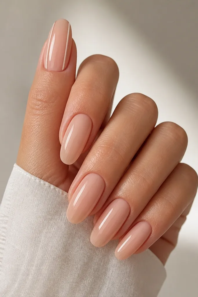 Nude glossy acrylic nails with a clean sheer base. The index finger has two thin vertical lines on either side of the nail, spaced evenly from the sidewalls.