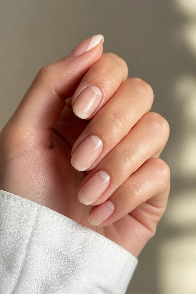 Glossy nude acrylic nails with clear half-moon shapes at the cuticle area. The rest is a smooth nude that looks almost like a natural nail tint.