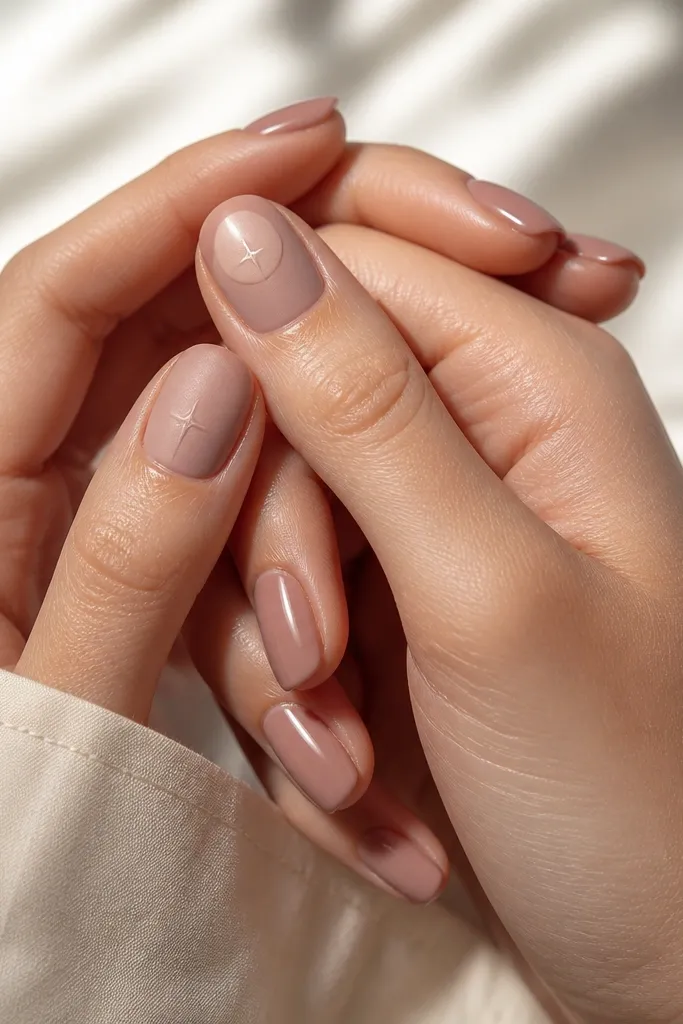 Glossy rose nude nails with matte finish on the thumbs. On each thumb, there's a tiny glossy star near the center of the nail.