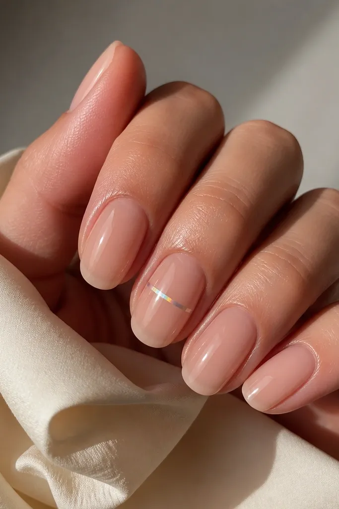 Sheer nude glossy nails. The middle finger has a single thin stripe across the nail near the center, with a subtle rainbow sheen (iridescent).