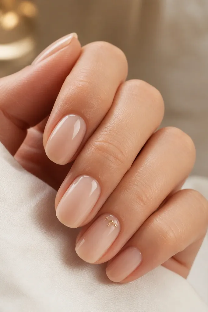 Glossy nude nails with a tiny cluster of 3-4 dots near the cuticle on one nail. The dots are champagne-gold and sit slightly off-center.