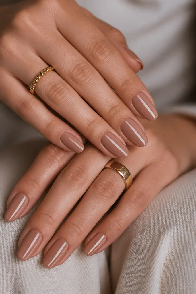 Warm nude nails with a slight chocolate tint. A narrow glossy gel line runs down the center of each nail, catching light like a highlight.
