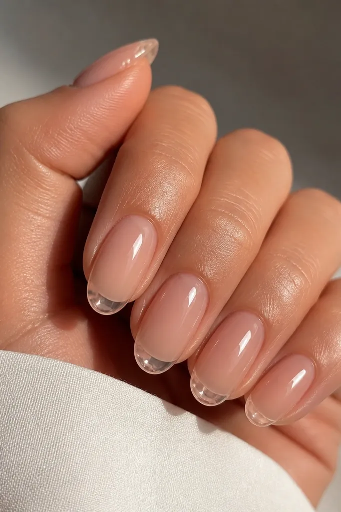 Nude glossy nails where the tips look slightly clearer and brighter than the rest. The base is warm nude, and the tip area has a glassy, see-through glow.