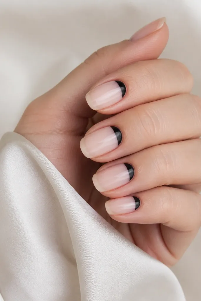 Ten nails on a light skin tone hand. Most nails are milky nude glossy. The tips are not painted. Each nail has a crisp black half-moon centered at the cuticle, like a small reverse French.