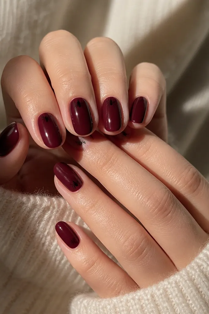 A mix of nails in deep oxblood. Two nails per hand have tiny black spider silhouettes near the cuticle. Other nails are solid oxblood glossy with no extra art.