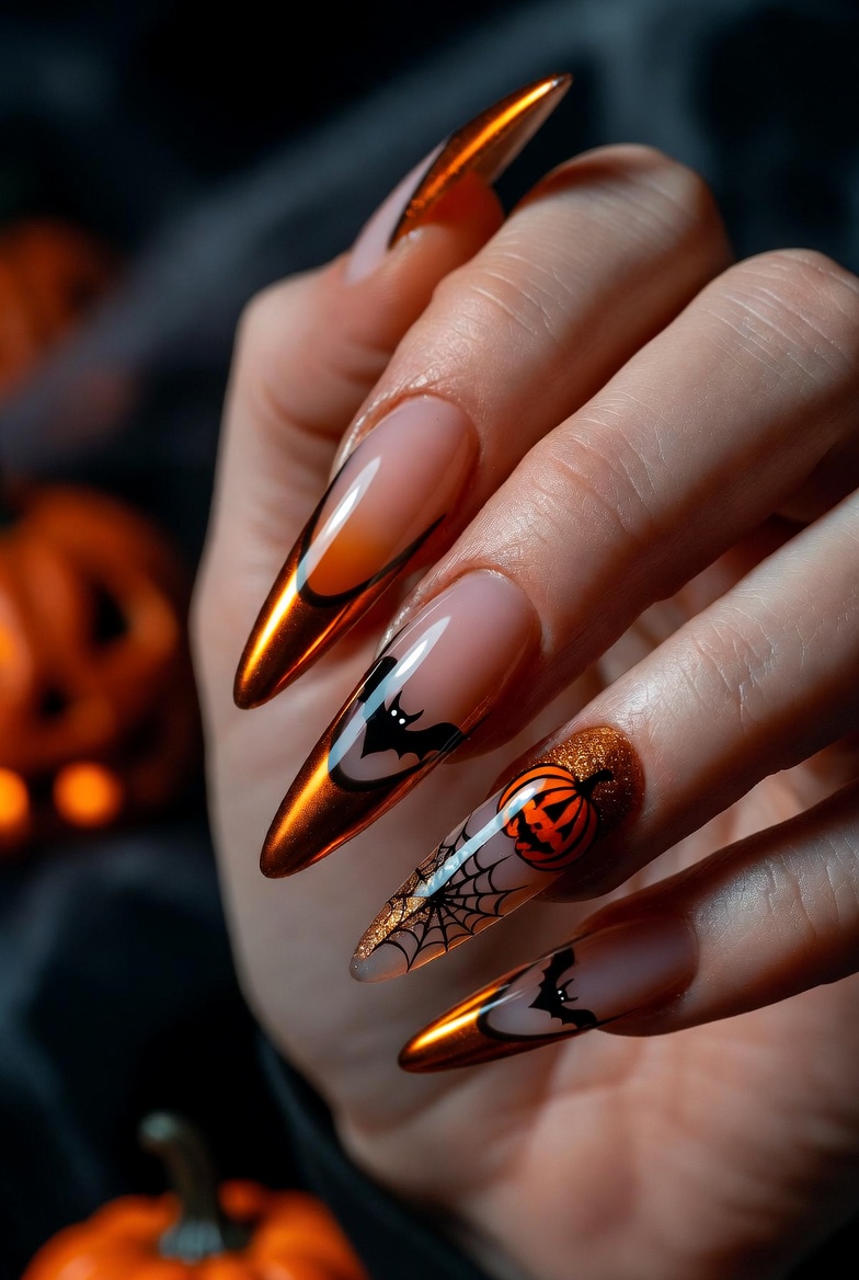 Nails are sheer nude glossy. Instead of a white tip, there is a thin orange strip at the cuticle area forming an inverted French line, with a clean curve.