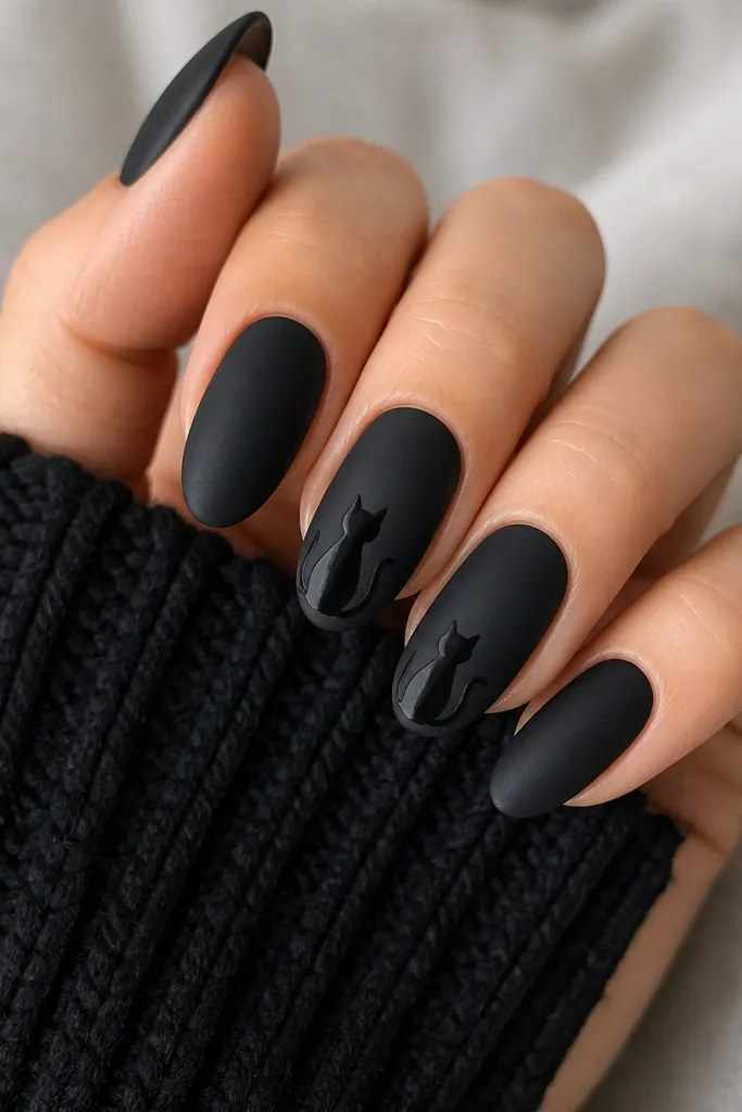 Most nails are matte black. Two accent nails have a small black cat silhouette sitting near the cuticle with a tiny raised tail. The cat is crisp against a matte base.