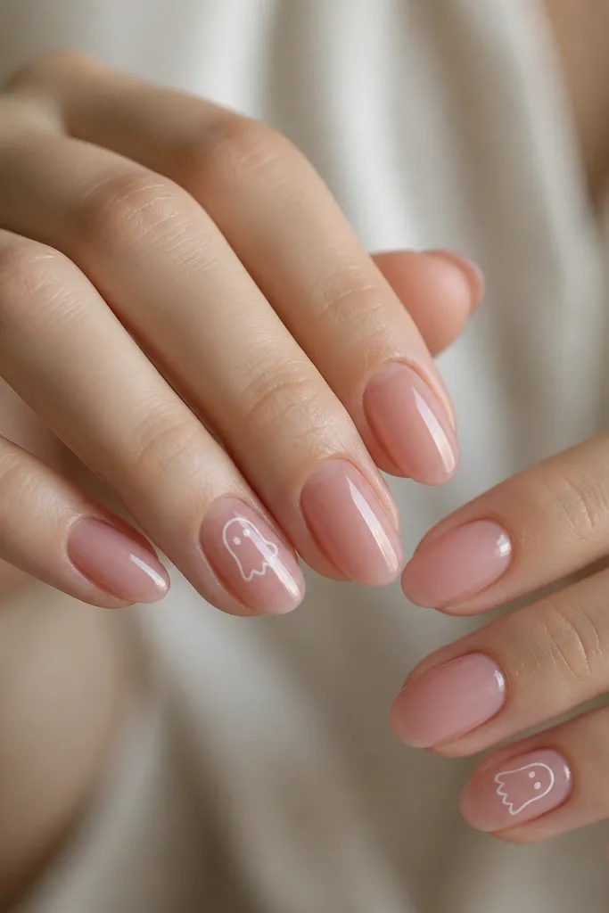 Nails are clear pink jelly with a glossy finish. One nail on each hand has a thin white ghost outline near the center, with a little wavy bottom.