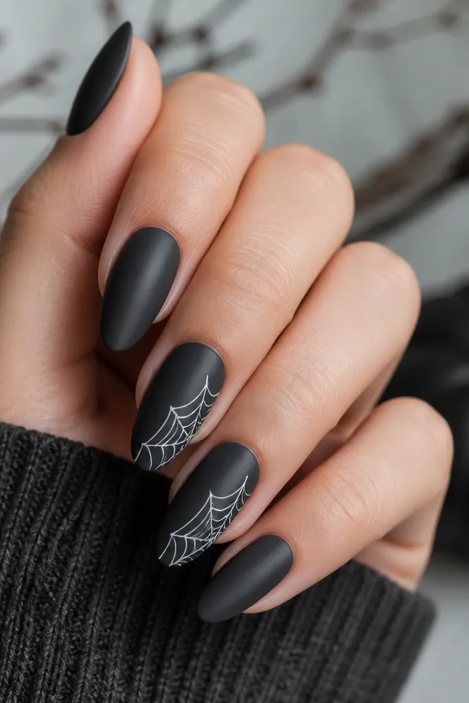 Nails have a deep charcoal base. On two nails, a simple spiderweb is drawn as a single diagonal web pattern that starts near the sidewall and ends at the tip.