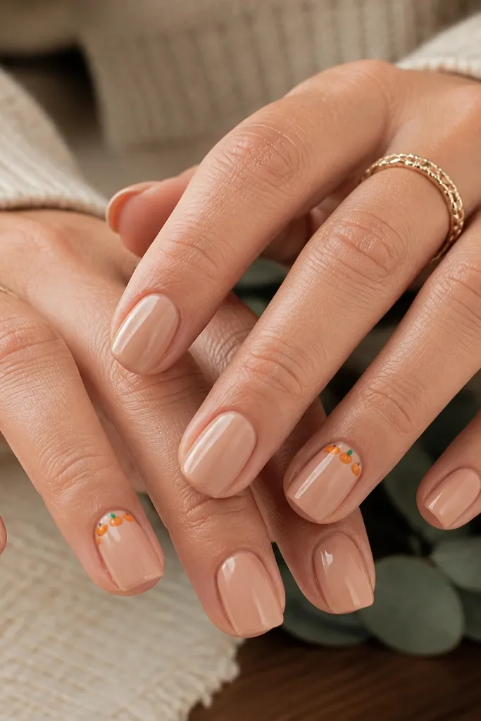 Nails are glossy warm nude. Near the cuticle on two accent nails there is a straight row of small orange dots shaped like tiny pumpkin tops, with one green stem dot.