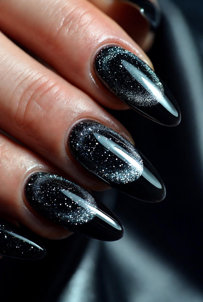Nails are sheer nude glossy. Around the cuticle, there is a fine black glitter halo that fades outward, like a soft ring.