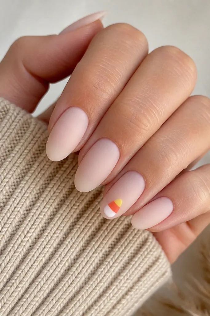 Nails are matte milky nude. One accent nail has a tiny candy corn at the tip made of three small color blocks: yellow at the top, orange in the middle, and white at the base.