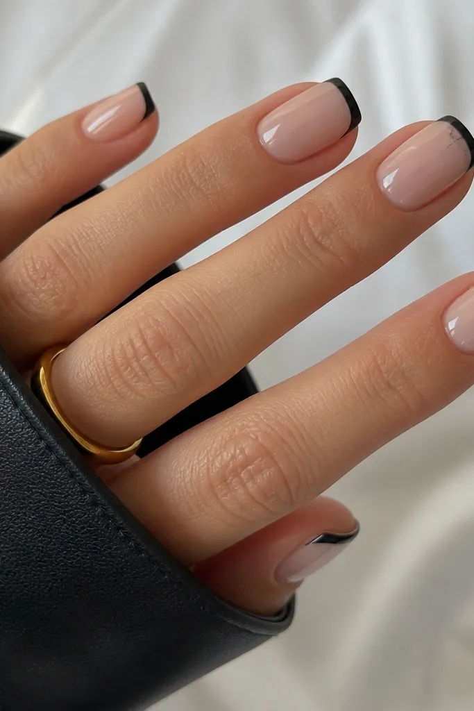 Nails are sheer nude glossy. The tips are painted a deep midnight black French line. On the ring finger, a thin spiderweb line connects from the French edge into the center.