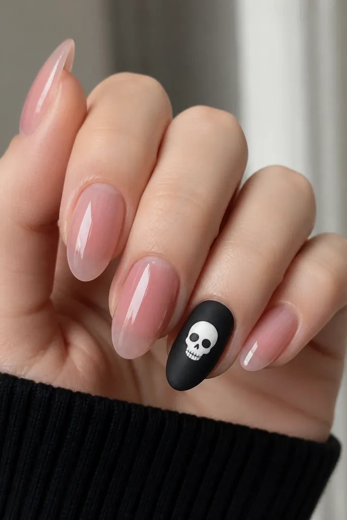 Most nails are clear jelly pink glossy. One nail is matte black. On the matte nail, there is a small white skull face centered with black eye sockets.