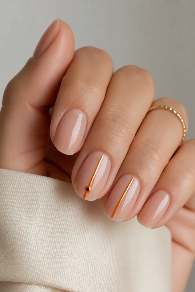 Nails are sheer nude glossy. Two accent nails have a thin orange metallic stripe running vertically from near the cuticle to the tip. One nail has a tiny black dot at the base of the stripe.