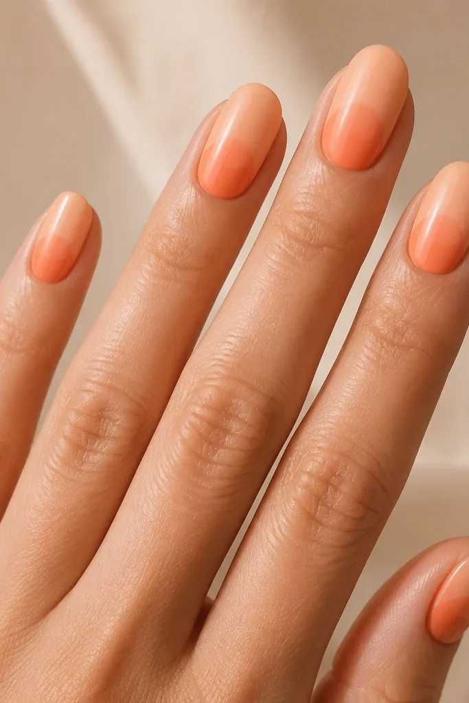 Five nails with a soft fade from peach near the cuticle into tangerine at the free edge. The fade sits inside a clean half-moon shape on the nail, with the cuticle area left slightly lighter and the outer tip more saturated.