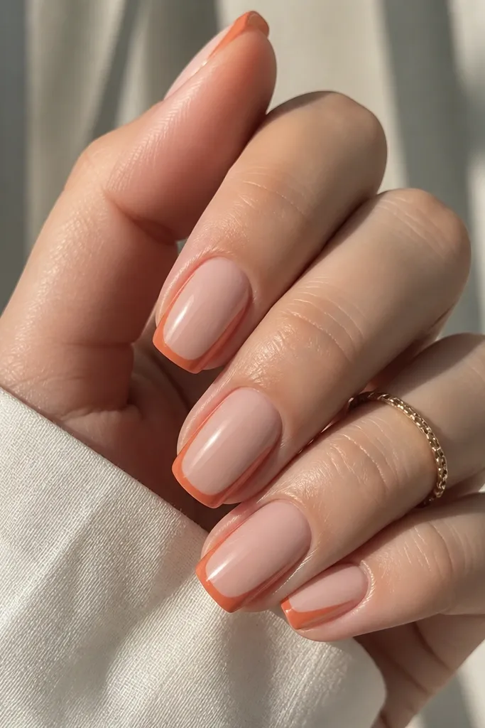 Clear nude nails with a thin terracotta strip along the outer sides and free edge. The center stays sheer and glossy, while the sides and tip glow orange like a sunset rim light.