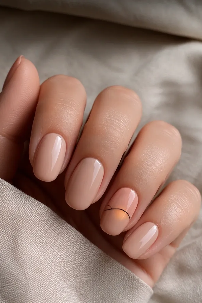 Four nails in glossy warm nude. One accent nail has a thin curved horizon line, with a peach band above it and a small orange glow under the line, like a tiny sunset scene.