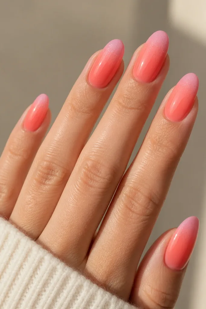 Gradient nails from coral near the center into soft pink toward the tips. There are tiny white specks scattered lightly near the upper half, resembling distant stars.