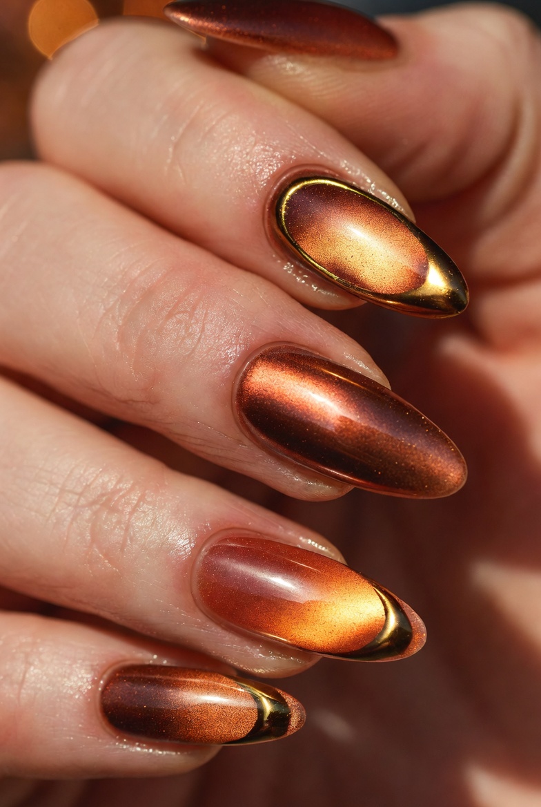 Nails painted in sheer nude with a glazed bronze metallic corner at the outer edge near the tip. The bronze catches light with a soft, curved triangular shape.