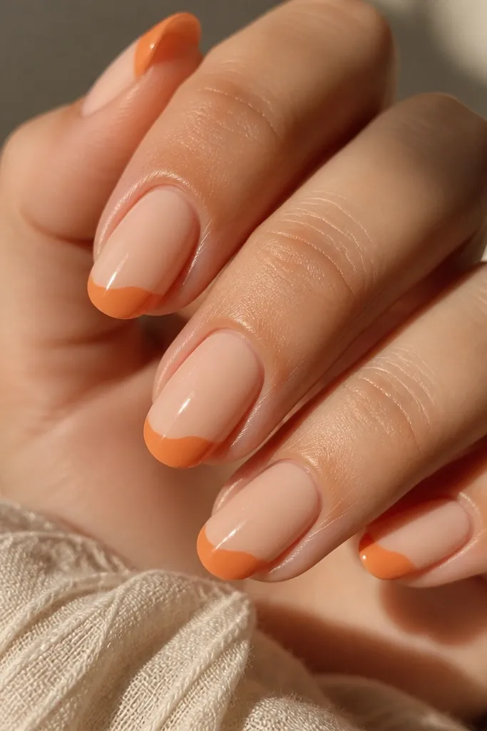 Creamy peach nails with a single orange swoop at the free edge. The swoop curves from one side to the other, leaving the center peach and glossy.