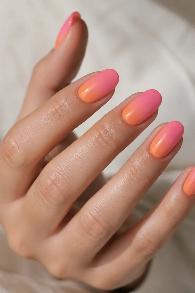 Nails with a reverse ombre effect: orange sits near the cuticle and fades into pink toward the tips. The center looks airy and the fade is soft, not striped.