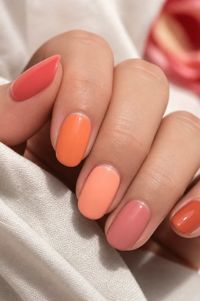 Each nail has a different sunset shade: coral, tangerine, peach, dusty rose, and terracotta. All nails share a thin glossy highlight near the cuticle so they match as a set.