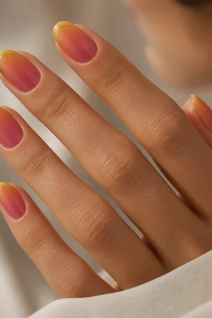 Nails with a marigold-to-rose gradient fading from warm yellow at the tip area into rose near the middle. A thin gold line runs along the outer edge and lightly curves at the tip.