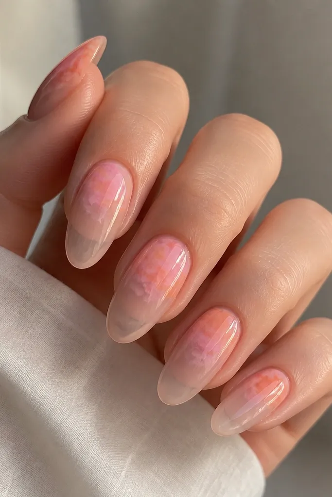 Clear or jelly nude nails with cloudy, soft-edged swirls of peach and pink in the upper half. The swirls look like wispy clouds, with a hint of orange at the very top.