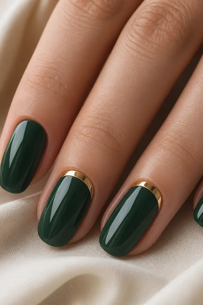 Four nails in deep emerald glossy color; two nails show a thin mirror-gold half-moon at the cuticle with the rest in emerald; ring finger has the most visible gold arc.