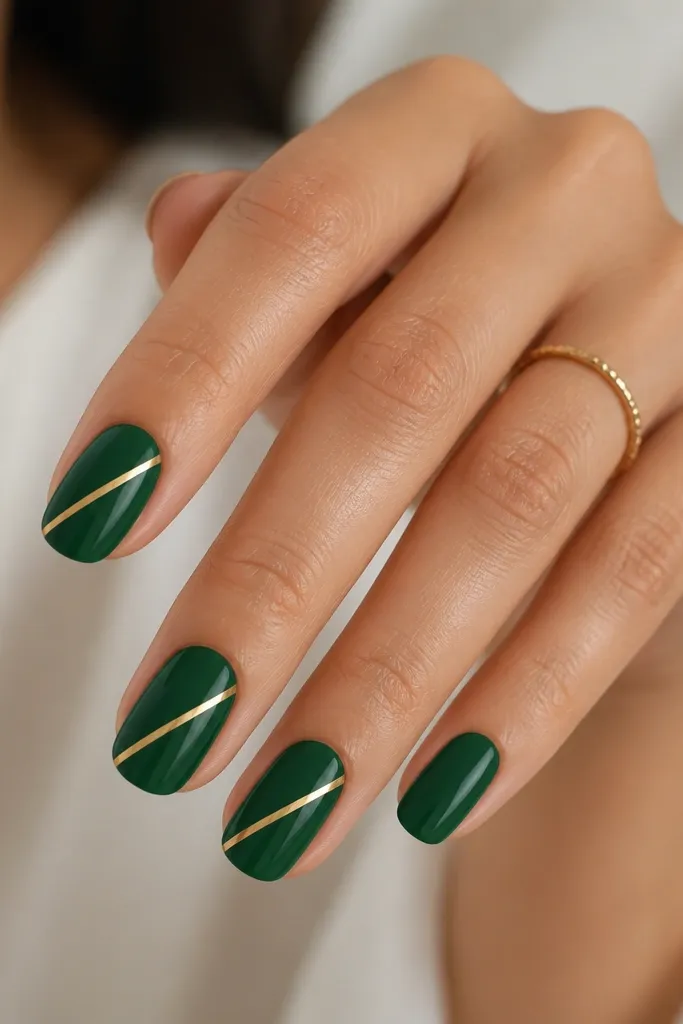 Alternating nails: emerald base with a sharp diagonal gold stripe running from lower left to upper right; the gold is thin and metallic, with a clean edge; other nails are solid emerald.