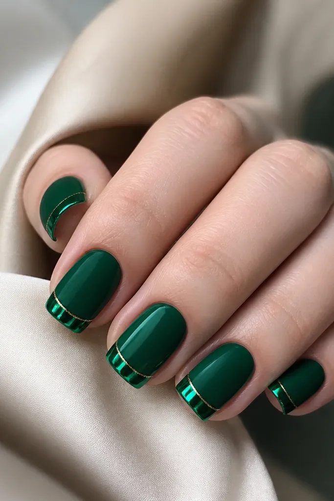 Short squoval nails with emerald base; the tips are coated in metallic emerald chrome; a thin gold line runs along the smile line near the tip.