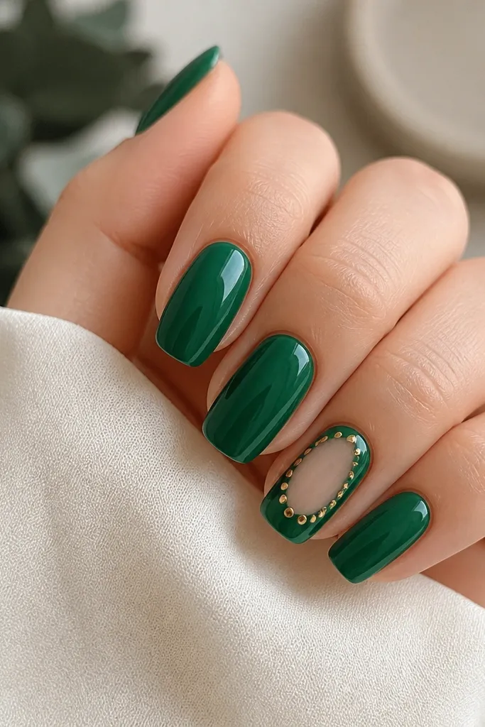 Emerald glossy nails with one accent nail showing a clear negative-space window near the center; tiny gold dots (like confetti) sit along the window edges.