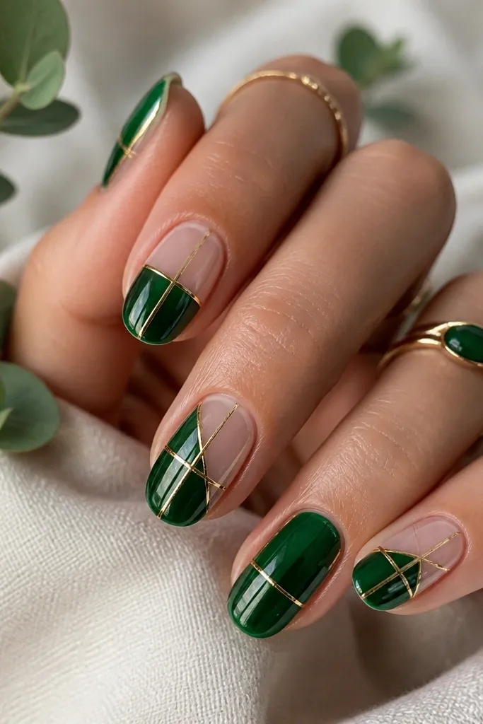 Transparent jelly-like emerald panels across the nail with crisp gold lines forming geometric shapes; some nails are half emerald, half clear.