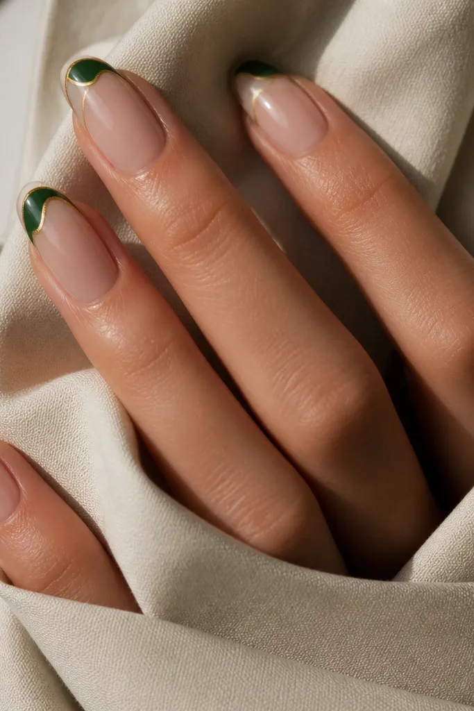 Classic French tips but instead of a straight line, the tips have a curved emerald swirl; a micro gold line sits between base and tip like a thin frame.