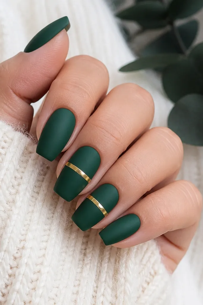 Some nails are emerald matte; on two accent nails there's a single horizontal gold bar across the middle, glossy and smooth.