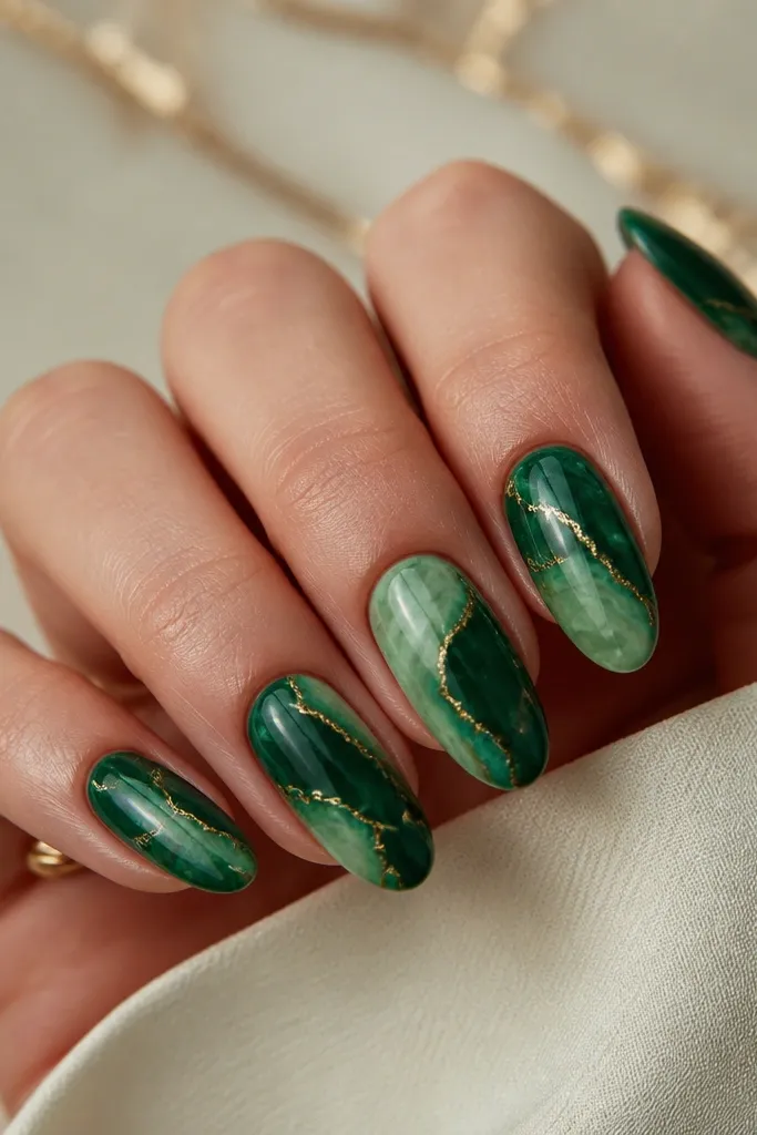 Emerald marble nails with swirling lighter green and dark emerald patches; a thin gold vein runs through the marble like a crack filled with gold.