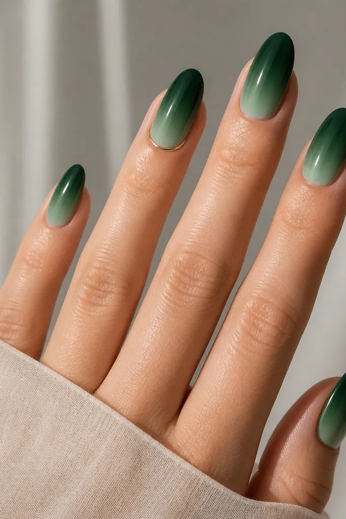 All nails have a smooth emerald gradient from darker at the tips to lighter at the base; the ring finger has a gold halo circle around the cuticle.