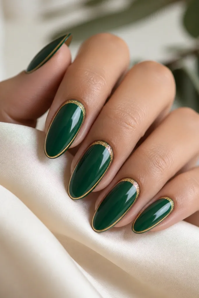 Mostly emerald glossy nails; at the cuticle there's a small gold glitter arc; a thin gold line frames the nail sides like a micro border.