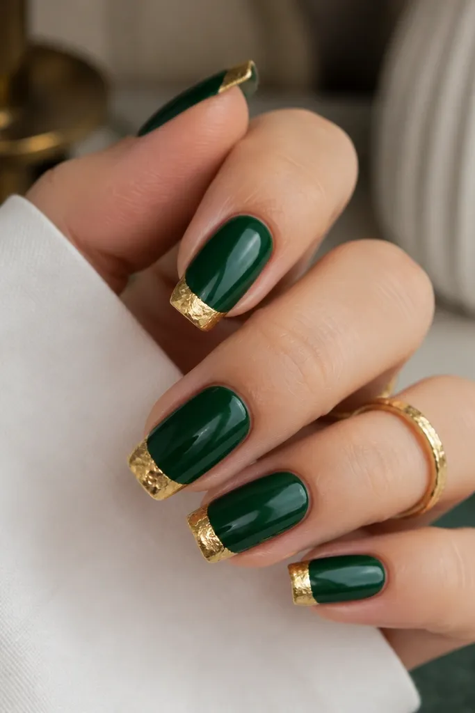 Emerald glossy nails with a classic French tip shape; the tip is covered in gold foil leaf, unevenly textured but sealed smoothly.