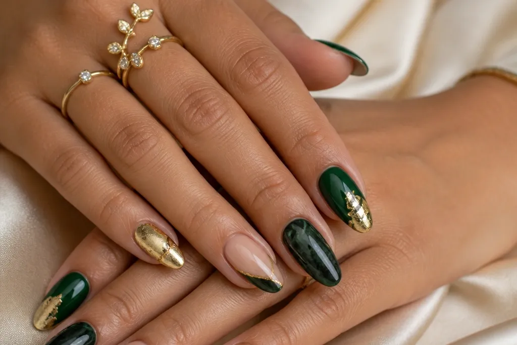 Luxe emerald green and gold nails design