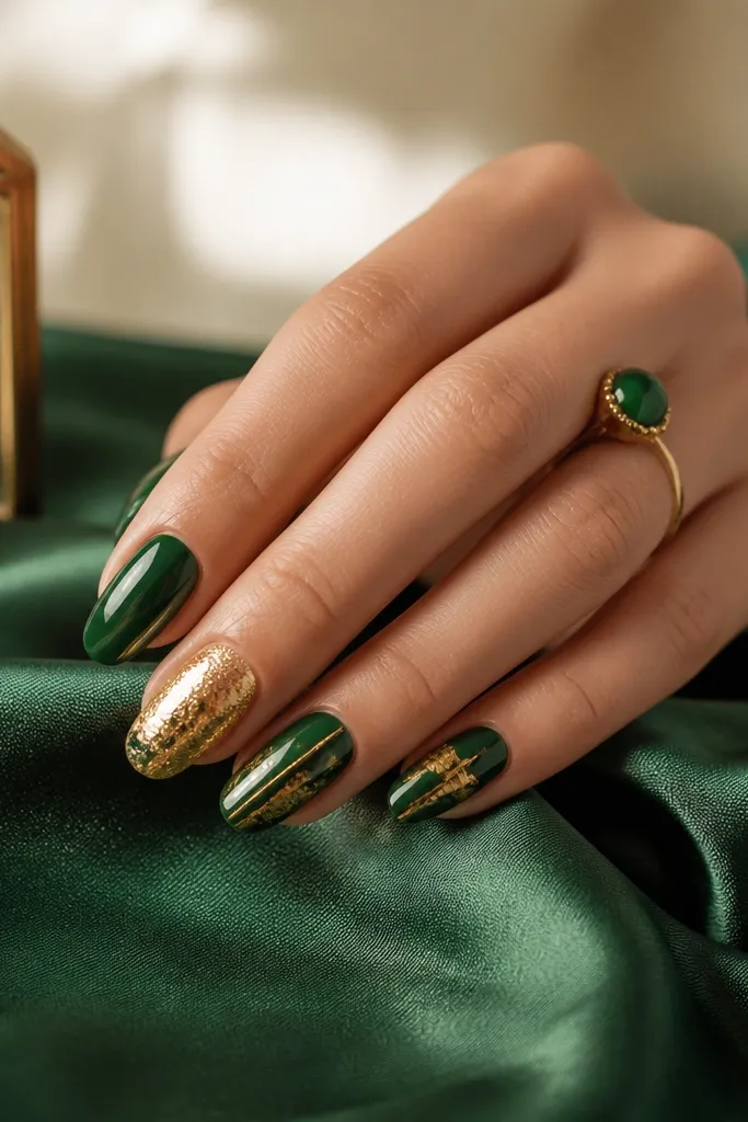 Luxe emerald green and gold nails design